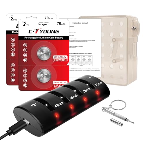 LIR2032 Akku Wiederaufladbarer Batterieladegerät mit hoher Kapazität 3,7V 70mA und 4 Stück Knopfzellen - Ersatz für Coin Cell Lithium ML2032 （mit Verschließbarem Aufbewahrungsbox für mehr Sicherhei