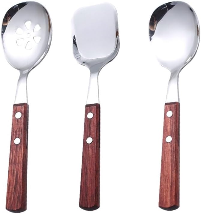 Cooking Spoons 3 Pcs Stainless Steel + Wooden Handle Serving Spoon, Hotel Chinese Tableware Serving Spoon