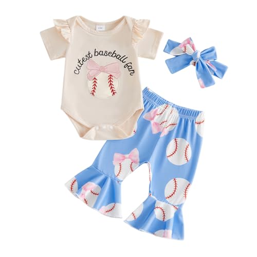 Ysfanwuxi Newborn Baby Girl Baseball Outfit Cutest Baseball Fan Bow Romper Flare Pants Set 3Pcs Infant Summer Clothes (Blue 12-18 Months)