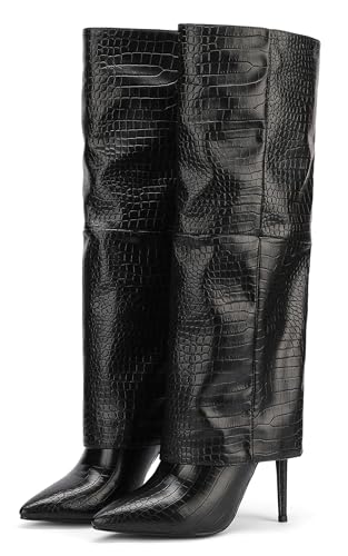 Women's Fold-Over Knee High Boots with 4-Inch Stiletto Heel, Pointed Toe & Pull-On Design 6