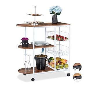 Relaxdays Chariot de Service, Cuisine,3 Supports, paniers, Industriel, métal et MDF, HlP 84x83x37 cm,Blanc,Brun, Acier, 1 élément