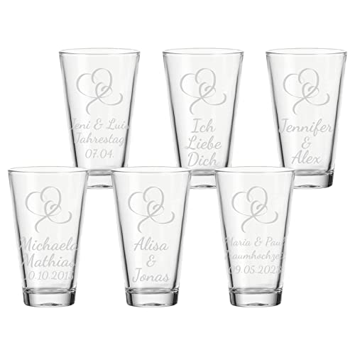 LUXENTU Trinkglas mit Gravur, 300 ml, 6 Stück, Wasserglas mit Herzchen-Motiv geschwungen, Personalisierte Gläser für die Hochzeit & Verlobung, Spülmaschinenfest, jeweils 3 Zeilen konfigurierbar