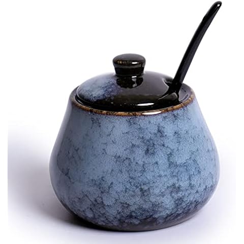 Vintage Ceramic Sugar Bowl Spice Jar Container with Lid and Spoon Seasoning Jar Seasoning Box 8 Oz (grey Blue) Cover