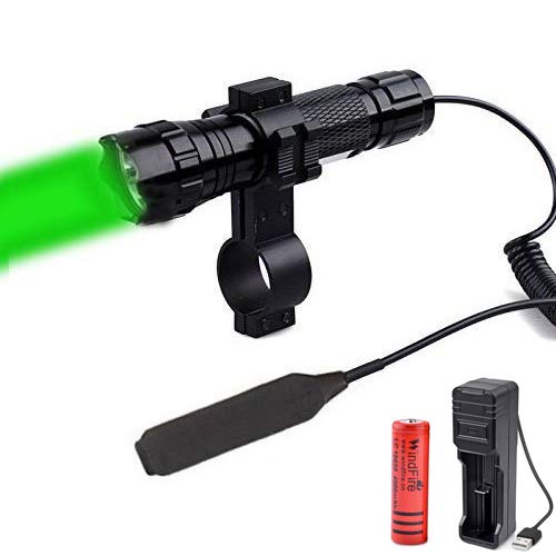 WindFire Waterproof Green Light LED Coyote Hog Hunting Light Lamp Tactical Flashlight Torch with Pressure Switch and 1" Scope Mount for Hunting (Rechargeable Battery and Charger Included)