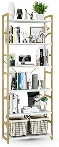 NUMENN 6 Tier Bookshelf, Tall Bookcase Shelf Storage Organizer, Modern Book Shelf for Bedroom, Living Room and Home Office, White and Gold