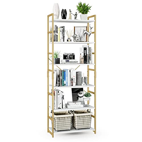 Numenn 6 Tier Bookshelf, Tall Bookcase Shelf Storage Organizer, Modern Book Shelf For Bedroom, Living Room And Home Office, White And Gold #TOP18