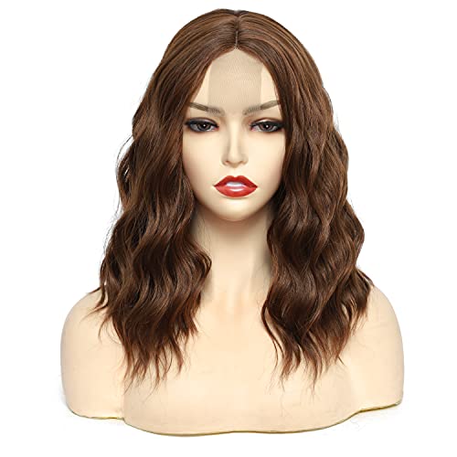 Short Curly Wig Brown Synthetic Wig for Black Women 14inch Middle Part Wig Lace Hairline Wavy Wig (brown)