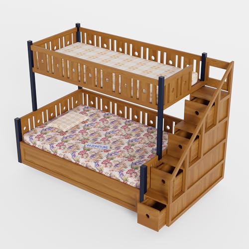 Image of Wudniture Solid Sheesham Wood Bunk Bed for Kids and Adults with Storage (Brown and Blue 02 166)