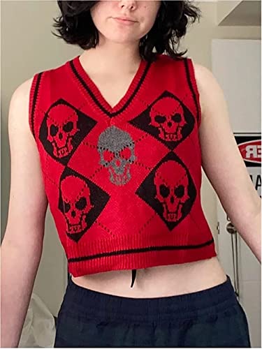 Image of jinghuiyue Women's Sleeveless Sweater Vest Halloween Skull Printed Knit Vest V Neck Crop Pullover Knitwear Tank Tops