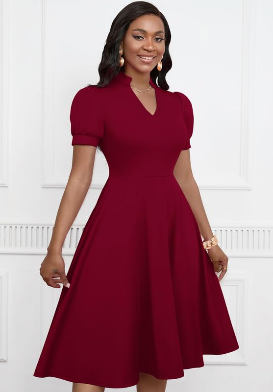MarryUP Vestido acampanado de manga corta abombada con cuello en V para mujer, estilo casual, semiformal, para fiesta de cóctel