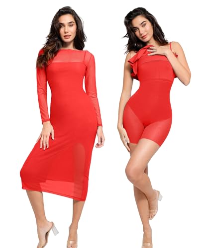 Image of Popilush Mesh Shapewear Dress Corset Date Night Dresses for Women Two Piece Club Outfits with Slit