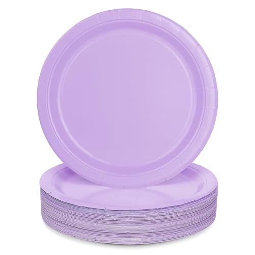 PARTY GO Lot de 50 assiettes de fête violettes de 22,4 cm - Pour anniversaire d'enfant garçon et fille - Accessoires de décoration - Assiettes en carton