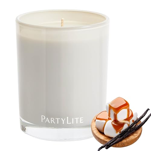 PartyLite Marshmallow Vanilla Escential Jar Candle Scented with Caramel & Sugarcane 7.75oz 1-Wick Reusable Glass Jar 50-Hour Burn Aromatherapy Home Fragrance