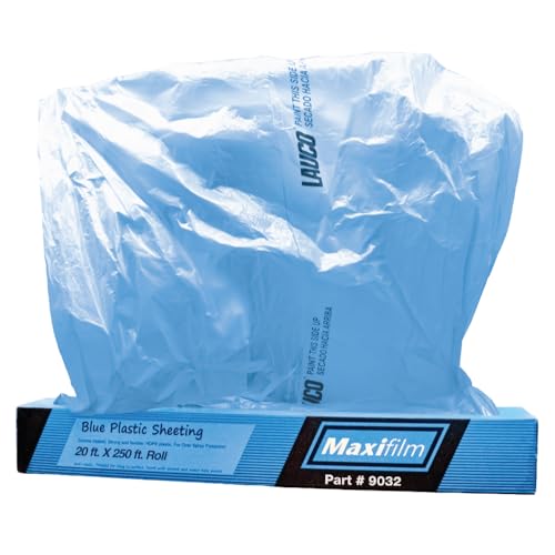 LAUCO MAXIFILM 20ft x 250 ft Roll of Blue Overspray Paintable Plastic Sheeting - 8 Micron, 0.3 Mil, Protective Corona Treated Masking Film Cover - Auto Car Painting, Bodyshop Repair, House Paint Cloth
