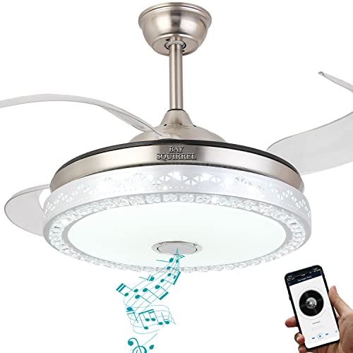 BAYSQUIRREL Retractable Ceiling Fan with Light and Bluetooth Speaker, 7 Changing Color LED Bluetooth Fan Chandelier with Remote 36W (Silver, 42 Inch)