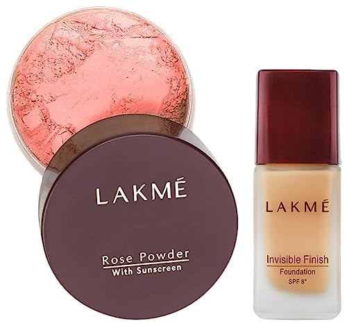 Image of LAKME Rose Face Powder, Warm Pink, 40G And Invisible Finish For Oily Skin Spf 8 Natural Light Coverage Foundation, Shade 05, 25Ml, 1 Count