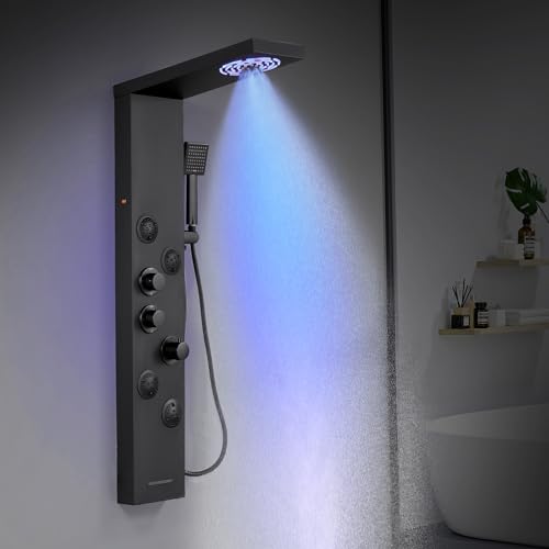 KINKIBOS Duschpaneel mit Thermostat 6 Funktionen Duschpaneel mit LED Regendusche Nebeldusche 4 Massagedüsen Handbrause und Wanneneinlauf Duschsäule aus Edelstahl Mattschwarz