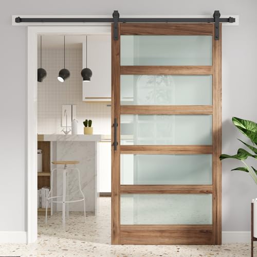 Image of FREDBECK 42 x 80 inch Glass Barn Door with 7FT Barn Door Hardware Kit & Handle Included,5-Panel Frosted Glass,Wood Panel, Water-Proof Surface,Pre-Drilled Holes,Need Assembly