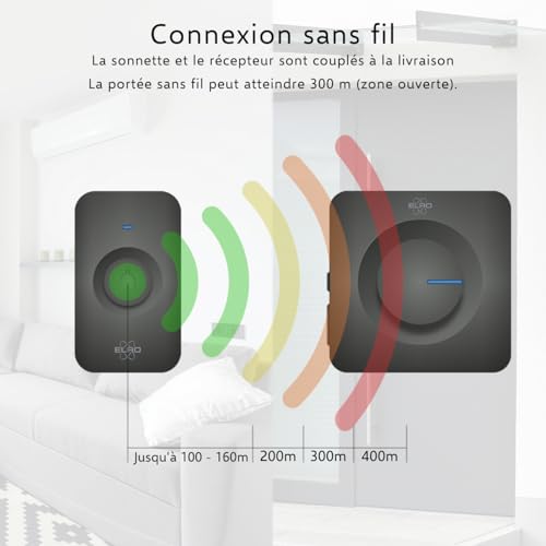 Sonnette de porte sans fil ELRO DB3000 avec deux récepteurs noirs à piles