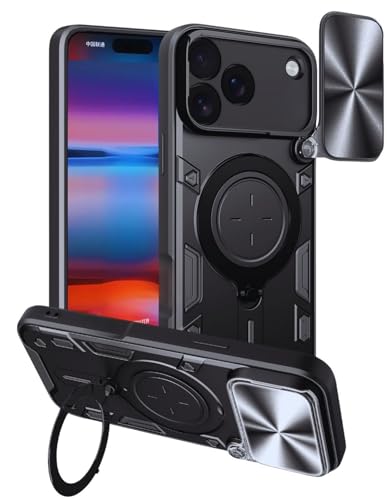 Image of Designerz hub Realme P4 Pro Back Case | Hybrid Case with 360 Degree Rotating Finger Ring Holder + Slider Shutter Camera Protection Case for Realme P4 Pro- Black