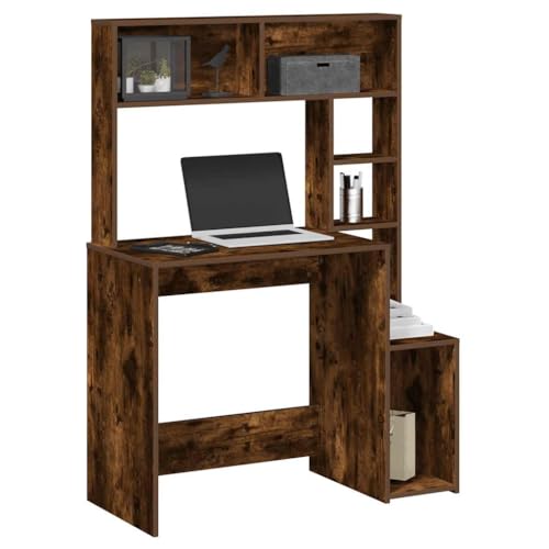 Mandloder Escritorio con estante de roble ahumado, 100 x 45 x 140 cm, material de madera, mesa de ordenador resistente para oficina, dormitorio y estudio, mucho espacio de almacenamiento