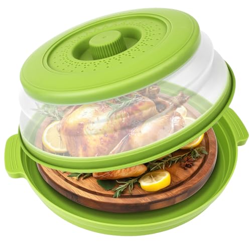 Microwave Splatter Cover Vented for Food,Collapsible Splatter Guard & Colander Kitchen Gadget for Fruit Vegetables,Microwave Lid with Handle Tray,Dishwasher-Safe BPA-Free Silicone & Plastic