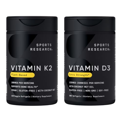 Sports Research® Heart and Bones Pack - High Potency Vitamin D3 5000iu (125mcg) Supplement + Vitamin K2 as MK-7 100mcg with Coconut MCT Oil