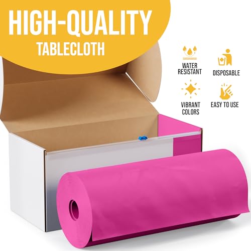 Image of Exquisite Party Solids 54 Inch X 300 Feet Cerise Plastic Table Cover Roll in A Cut - to - Size Box with Convenient Slide Cutter. Cuts Up to 36 Rectangle 8 Feet Plastic Disposable Tablecloths