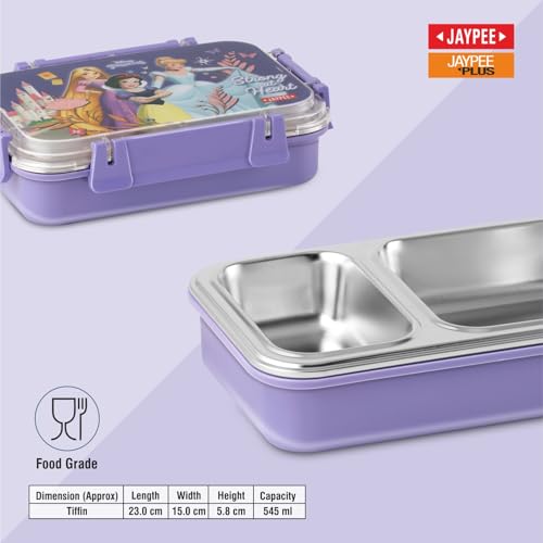Image of JAYPEE Toon Box 2 Disney Princess Inner Stainless Steel Insulated Lunch Box for School Kids |Airtight Leakproof Tiffin Box with 2 Additional Lock |Food Grade|BPA Free, 545 ml, Violet