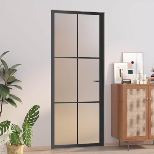 Puerta interior de 83 x 201,5 cm, cristal mate negro con marco de aluminio, puerta de habitación con marco completo, moderna puerta de cristal con línea vertical, fácil montaje, resistente vidrio