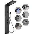 BWE LED Shower Panel Tower System Matte Black 5-Function Shower Column with Rainfall Waterfall Shower Head 4 Body Jets with Tub Spout Water Temperature Display Wall Mount