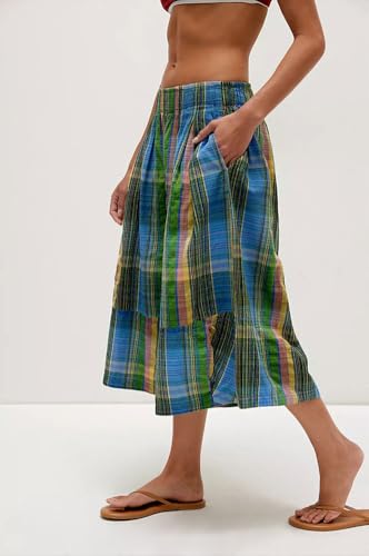 chouyatou Women's Retro Plaid Wide Leg Cropped Pants Y2k Baggy Culottes Capri Palazzo Pants with Pockets2