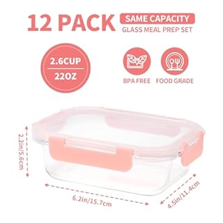 GULFLIN Glass Meal Prep Containers 12-Pack, 22oz Glass Food Storage Containers with Lids, Air-Tight, Leak-Resistant, Freezer to Microwave Safe-Pink Set