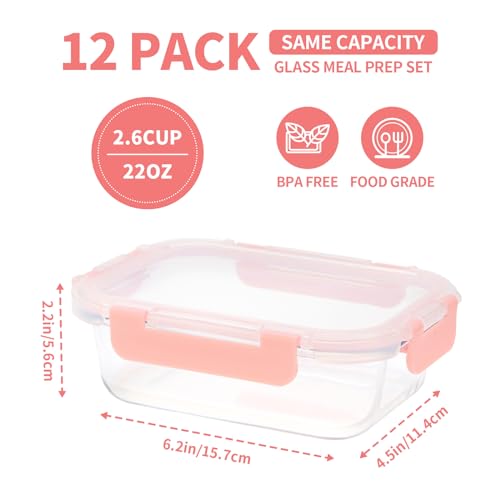 Image of GULFLIN 12-Pack, 22oz Glass Meal Prep Containers with Lids, Pink Set | Glass Food Storage Containers, Great for Leftovers and Taking Your Lunch to Work. Perfect size.