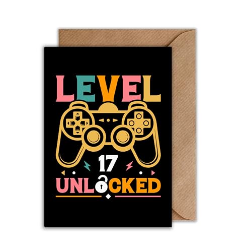 Geburtstagskarte „Level 17 Unlocked“ (mit Umschlag) – Gamer Karte für Teenager Jungen & Mädchen – lustige Gaming Karte zum 17. Geburtstag (DIN A6)