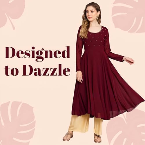 Image of PH POSHAKHUB Georgette Regular Fit Hand Embroidery Anarkali Kurta Set for Women, Yoke Anarkali Kurta for Woman, Ankle Length Anarkali Suit for Women, Full Sleeve Kurti, Dress for Woman