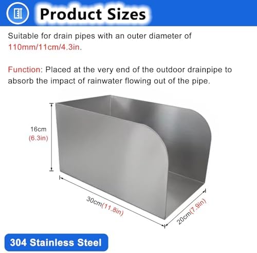 Stainless Steel Downspout Splash Block - Metal Rain Gutter Diverter Tray for Concrete & Brick Floors, Foundation Water Protection, Durable & Weather-Resistant