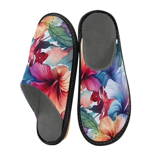 RunningBear Colorful Leaf Hibiscus Flower House Slippers for Women Guest Non-Slip Bed Slippers