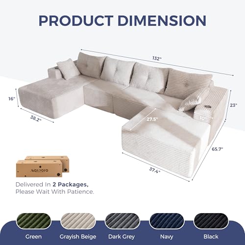 Image of MAXYOYO 132 inch Giant U-Shaped Modular Sectional Couch, Modern Boneless Couch for Living Room, Sofa in A Box, Oversized Sofa with Deep Seat, No Assembly Required, Grayish Beige