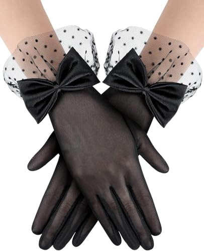 Black Lace Gloves for Women - 1920s Elegant Short Mesh Bridal Wedding Gloves for Tea Party, Dinner, Opera