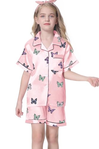 Image of Umeyda Women & Girls Pajamas Set, 2 Piece PJS Satin Silk Sleepwear Button-Down Top with Shorts for Mom Kids Gifts