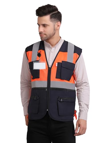 Image of CLUB TWENTY ONE Polyester and Mesh Reflective Jacket, Vest with High Visibility Strips or Tape, Safety Workwear Vest for Men (Orange & Navy Blue, Size - Small)