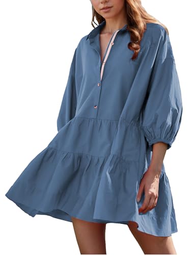 Image of HangNiFang Women's Summer Babydoll Mini Dress Flowy Puff Sleeve Tiered Button Down Oversized Tunic Dress with Pockets