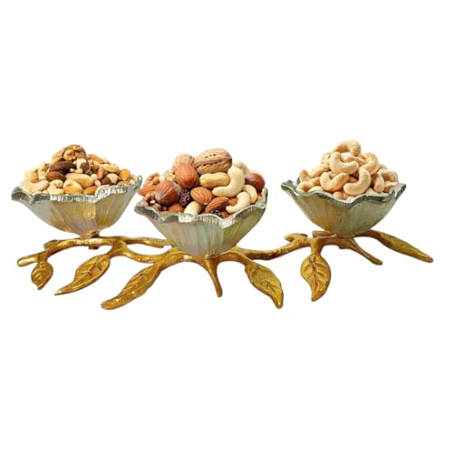 Image of Flower Shape Decorative Serving Bowls on Leaves Stand, 3 Bowls | Dry Fruits Serving Bowls | Tableware | Centerpiece | Gifting (Color- Gold & German Silver)