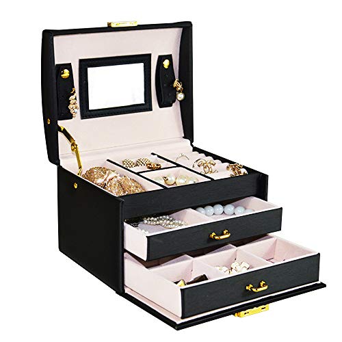 Preisvergleich Produktbild KingSaid Schmuckkasten Schmuckkästchen Schmuckkoffer Kosmetikkoffer 3 Ebenen mit 2 Schubladen Spiegel,Abschließbar,Weiß
