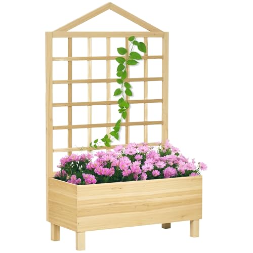 Outsunny Wooden Planters with Trellis for Vine Climbing, Raised Beds for Garden Patio, Outdoor Planter Box for Vegetables, Flowers, Herbs, Distressed Natural Tone