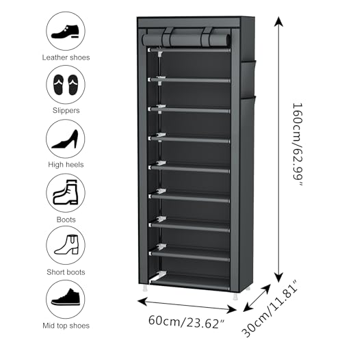 Calmootey 9 Tier Shoe Rack Organizer,Portable Shoe Shelf with Nonwoven Fabric Cover for Closet Hallway,Bedroom,Entryway,Grey