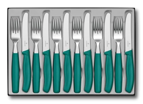 Victorinox Classic Besteck-Set mit Tafelmesser und Gabel, 12-teilig, Extra Scharfe Klinge, Wellenschliff, 11 cm, Rostfreier Stahl, Grün
