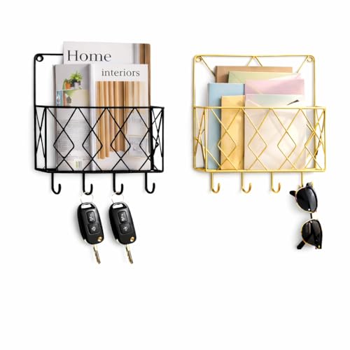 Image of CentraLit 2 Pieces Wall Decor Hanging File Magazine Holder with Hooks - Magazine Newspaper Rack Black Gold Combo File Storage Rack for Office - Home Decor Wall Art Display Rack for Organisation