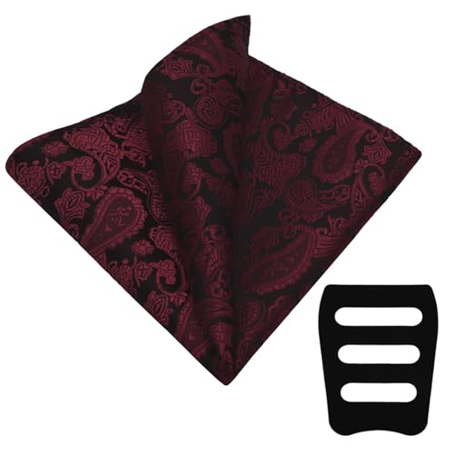 GHTIYLP Mens Handkerchiefs with Pocket Square Holder Paisley Pocket Square Handkerchief for Men Wedding Party Business (Burgundy)